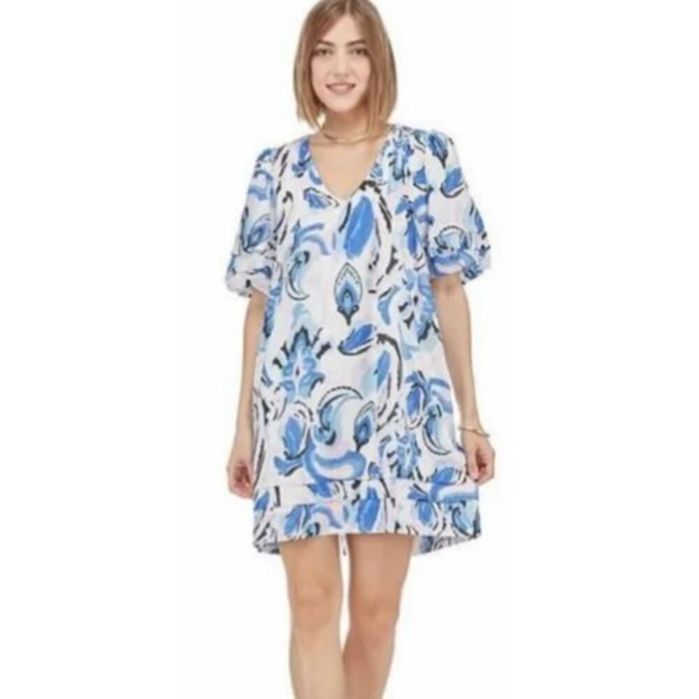 Joy Joy Pleated Puff Sleeve Dress Sumpy Summer Paisley Size L Blue Pink White